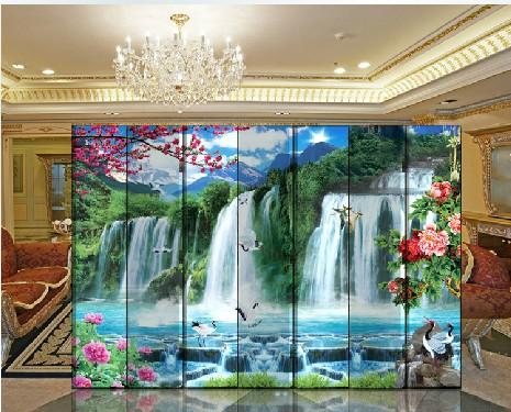 欧式风景山水屏风隔断时尚 防水七扇座屏 家居办公酒
