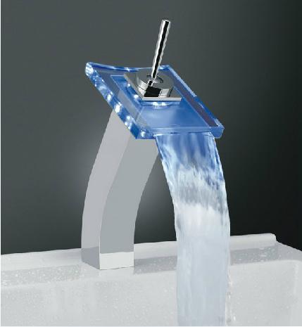 全铜LED瀑布水龙头 温控变色玻璃带灯