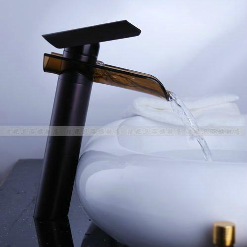 黑仿古台上盆瀑布水龙头 冷热出水加高面盆水龙头