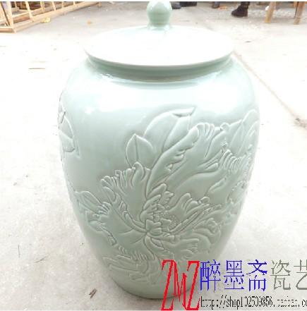 手工雕刻牡丹储物罐 古香白色陶瓷瓷器储物储藏