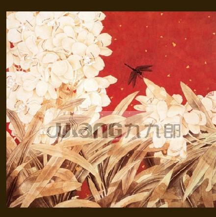 九九郎油画9240手绘金箔花卉 中式荷花 工笔画 