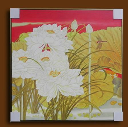 九九郎油画100荷花有框画 工笔花卉装饰家居客厅酒