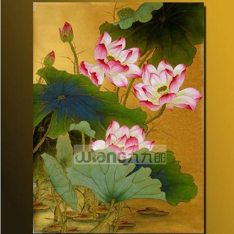 九九郎油画8401金箔荷花花卉无框装饰画家居办公室