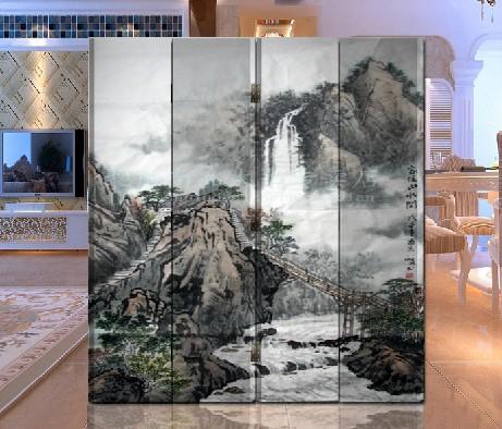 实木折叠隔断屏风 玄关门时尚办公客厅酒店装饰 山水