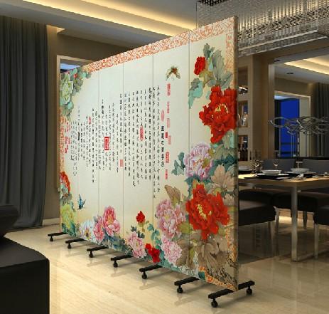 实木时尚酒店茶馆防水双面屏风牡丹花 pf-39