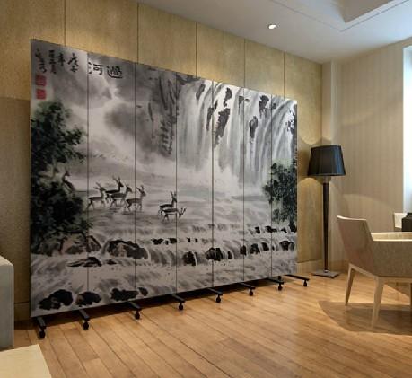  实木布艺玄关门 酒店办公 山水画 pf7-6