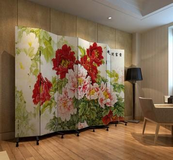  实木布艺玄关门 酒店办公客厅 中式 花开富贵 p