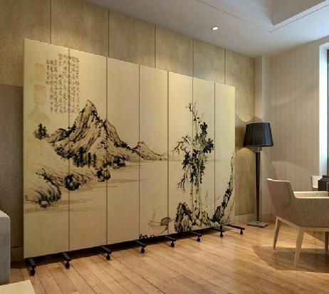 实木布艺玄关门 酒店办公 山水画 pf7-9