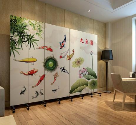 实木布艺玄关门 酒店办公 九鱼图pf7-34