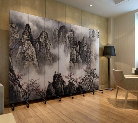 实木布艺玄关门 酒店办公 山水画 pf7-2