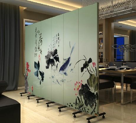  6扇隔断 酒店布艺折屏 水墨荷花 pf-148