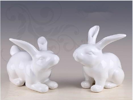 亮光白釉陶瓷长耳兔一对/家具家居饰品/软装整体配套